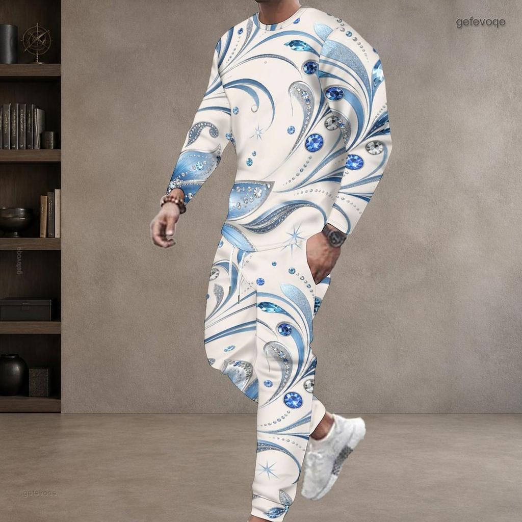 Men Plus Size White Printed Two Piece Set Round Neck Long Sleeve Top Cuffed Pants With Pockets