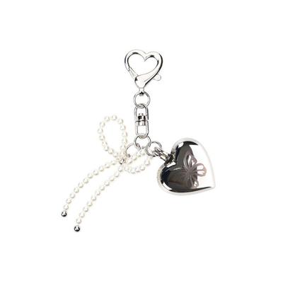 NICK&NICOLE HEART BUTTERFLY Logo PEARL RIBBON Keyring_silver
