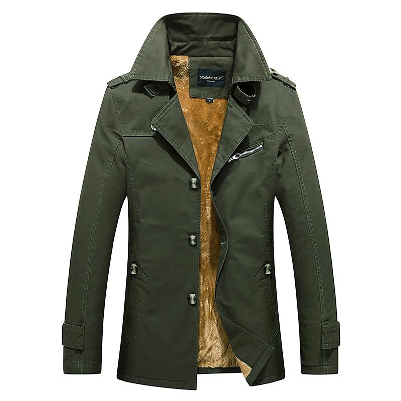 Men's Washed Cotton Fleece-Lined Mid-Length Trench Coat - Casual Autumn/Winter Outerwear