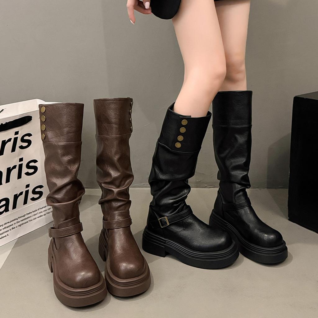 New Style Vintage Women Knight Knee High Boots Elegant Belt Buckle Shoes Concise Platform Heel Long Boots Zapatos De Mujer