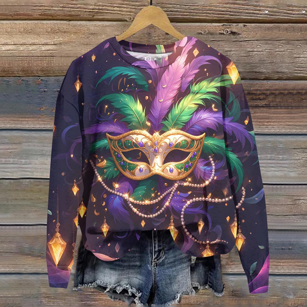 Damenmode Bedrucktes Langarm Locker Rundhals Sweatshirt Top