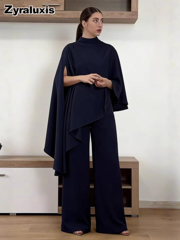 New Fashion Women's Long Sleeve Irregular Top High Waist Slim Fit Wide Leg Pants Set