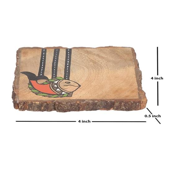 10.16 cm Madhubani Fish Coasters for Office in Mango Wood Set of 4 Tea Coasters for Dining Table for Home Coasters for Cups Coasters for Glasses