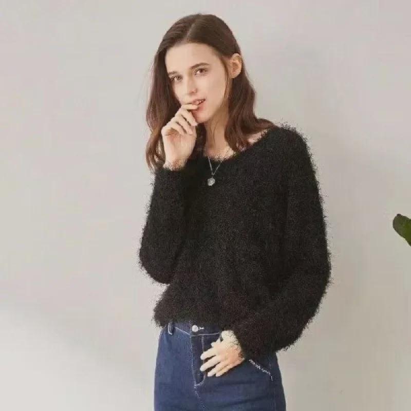 

Корейский шикарный мохеровый свитер с V-образным вырезом - женский свободный крой, однотонные цвета (2023 Осень/Зима) One Size
