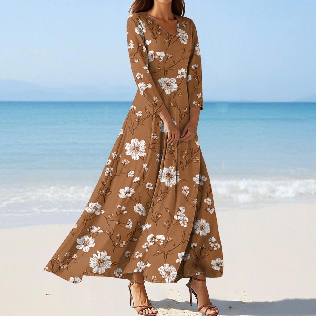 Women's Fashion V-Neck Floating Beach Dresses Seven Sleeve Floral Printed Dresses