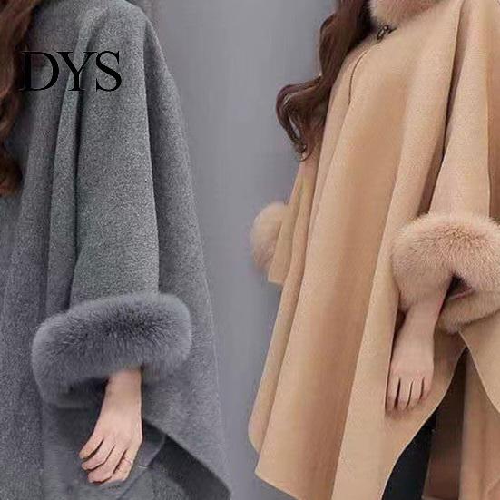 Winter Coat Lady Cape Dolman Sleeves Thick Shawl Loose Stand Collar Solid Cozy Wool Blend Trench Color Faux Fur Decor Warm Daily Wear Work Outdoor