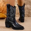 Retro Embroidered Women's Cowboy Boots Chunky High Heels Pointed Toe Winter Boots Woman Brown PU Leather Western Botas De Mujer