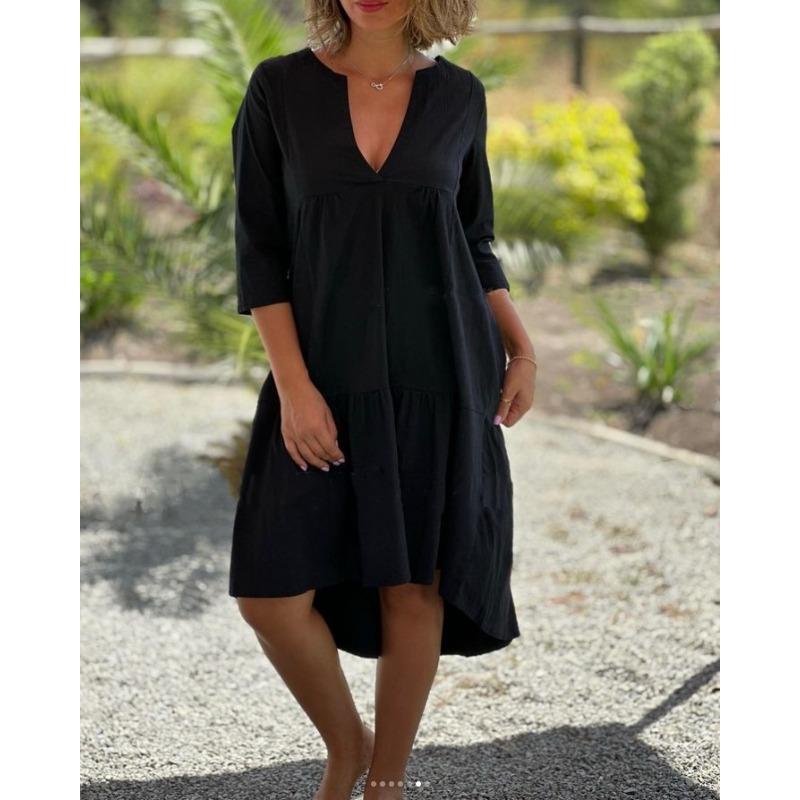 

YYFS Женская мода лето весна однотонный принт рукава 1/2 с v-образным вырезом свободная талия повседневные платья S чёрный
