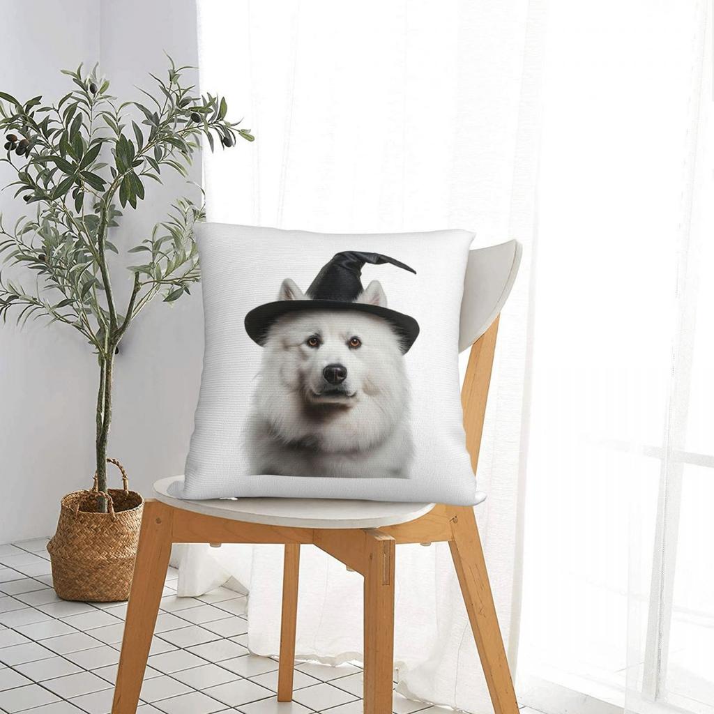 Samoyed Dog Wearing Halloween Witch Hat Square Pillowcase Pillow Cover Cushion Throw Pillow for Home Sofa Living Room