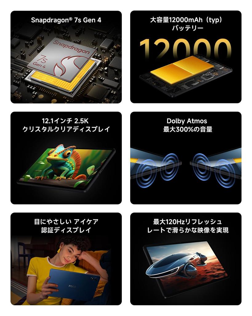 Xiaomi POCO Pad M1 Large Dolby Atmos 12000mAh Reverse Snapdragon 7s Gen 4 Up To 2TB Suitable for and Japanese Black Tablet, 8GB+256GB, 2.5K 120Hz,
