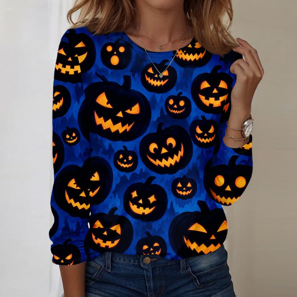 Women's Casual Long Sleeve Halloween Sweatshirt Crew Neck Pumpkin Face Print Lightweight Pullover Top for Fall and Holiday Season