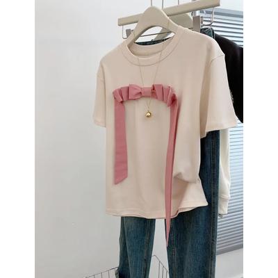 Women's Summer Round Neck Short Sleeve T-shirt Sweet Bow Decorated Casual Top
