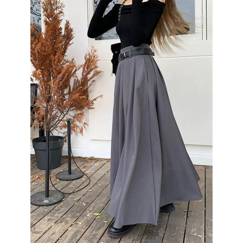 Women High Waist Jupe Korean Pleating Swing Skirt Vintage Fashion Spring Office Falda Holiday Loose Solid Long Skirt