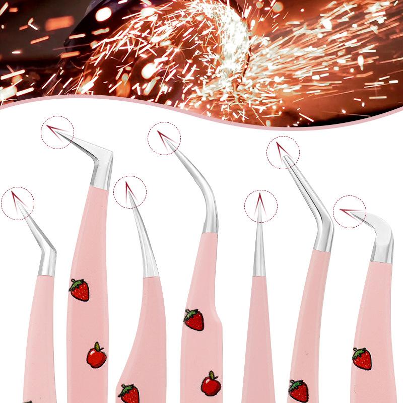 Pink Strawberry Tweezers False Eyelashes Grafting Tweezers High Precision Stainless Steel Eyelash Tweezers Color Hand Account Tweezers