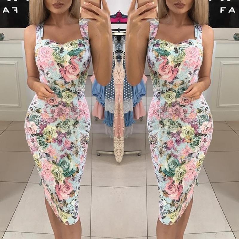 

Women s Fashion Summer Spring Flower Pattern Print Sleeveless Suspenders High Waist Casual Dresses S