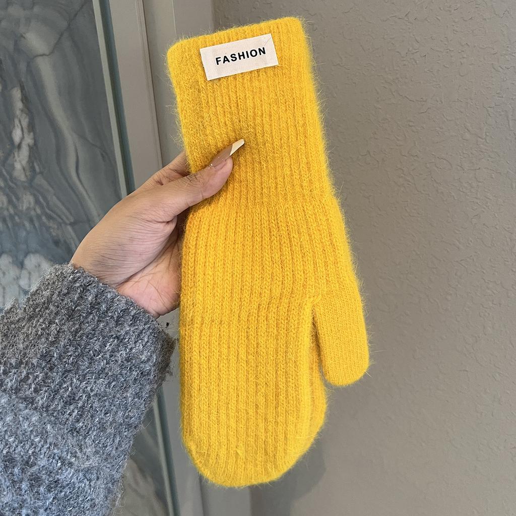 Solid color knit wool gloves winter women's 2025 new velvet warm windproof cold student riding tide