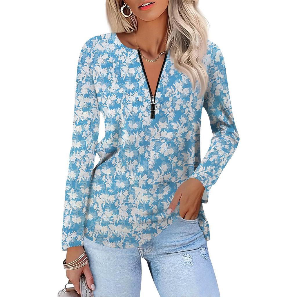Damenmode Lässig Bedruckt Reißverschluss V-Ausschnitt Langarm Shirt Tops