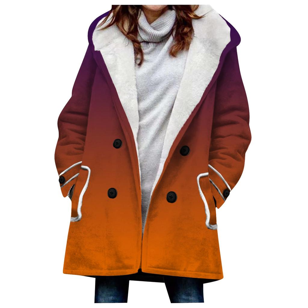 Women's Large Jacket With Warm And Plush Gradient Printed Hooded Button Jacket With Pockets