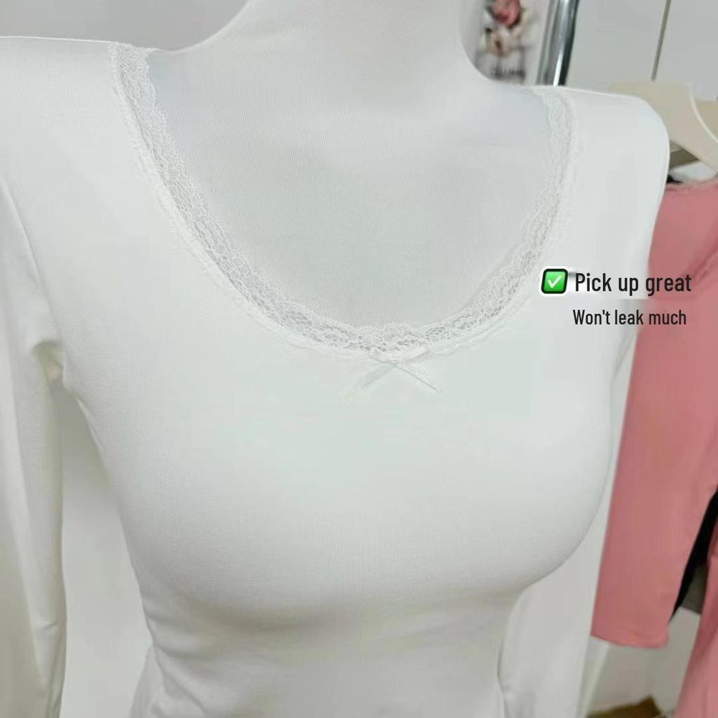 Women's White Lace Long Sleeve Slim Fit T-Shirt - Sweet & Spicy Autumn/Winter Top