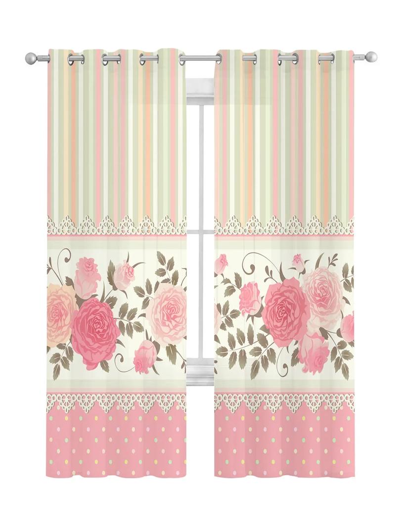 Chiffon-Vorhänge mit Rosenblüten und rosa Streifen für Wohnzimmer, Schlafzimmer, Heimdekoration, Fenster, Voiles, Tüllvorhänge