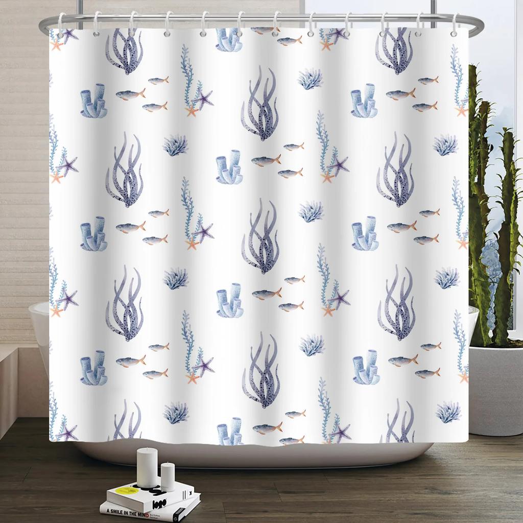 Sea Animals Shower Curtains Cute Dolphin Jellyfish Turtle Starfish Shell Coral Bathroom Bath Curtain Bathtub Privacy Partition
