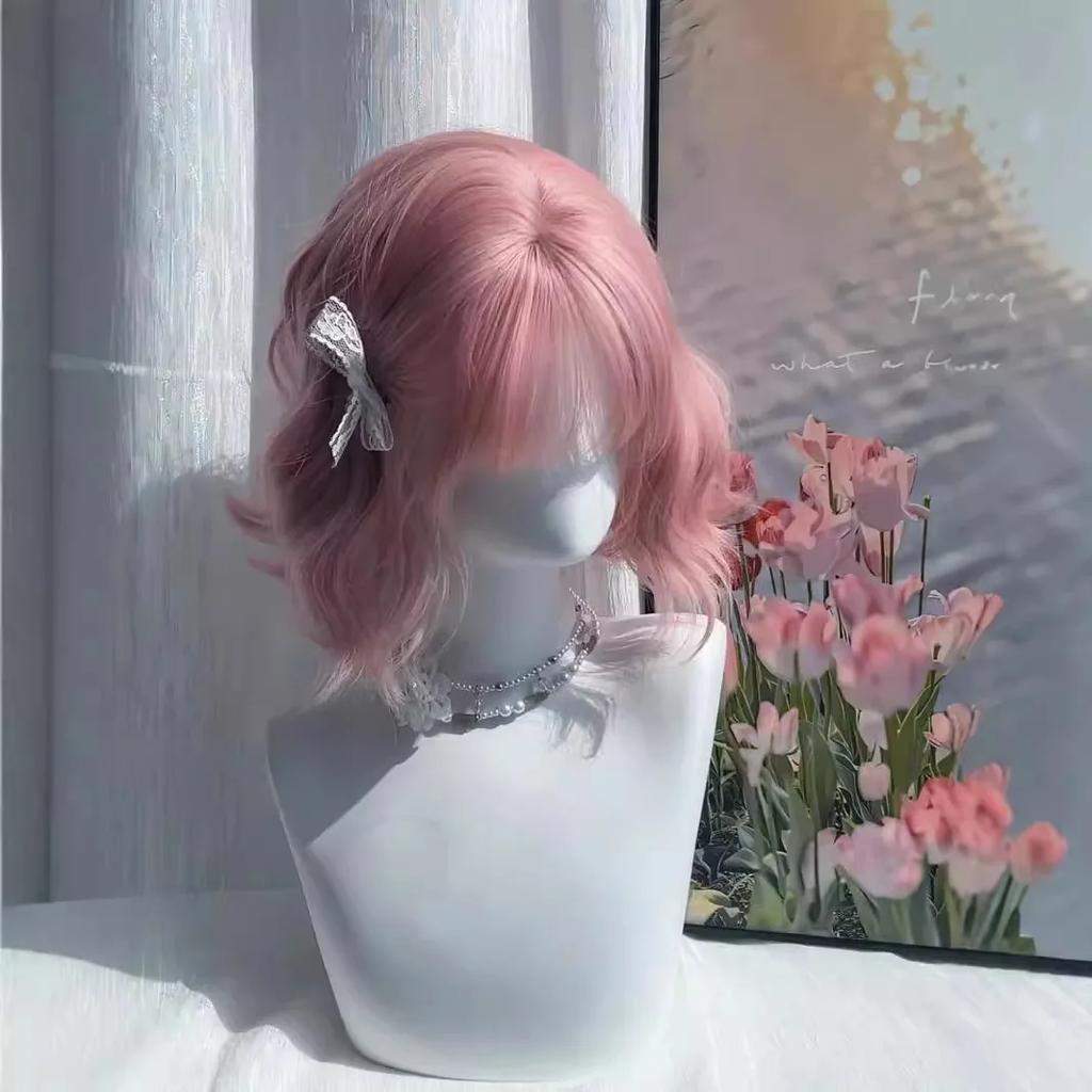 Ashely Pink Wig Short Bobo Curly 14inch Sweet Cosplay Wigs for Women Lolita Headband Wig Heat Resistant Matte Synthetic Wigs