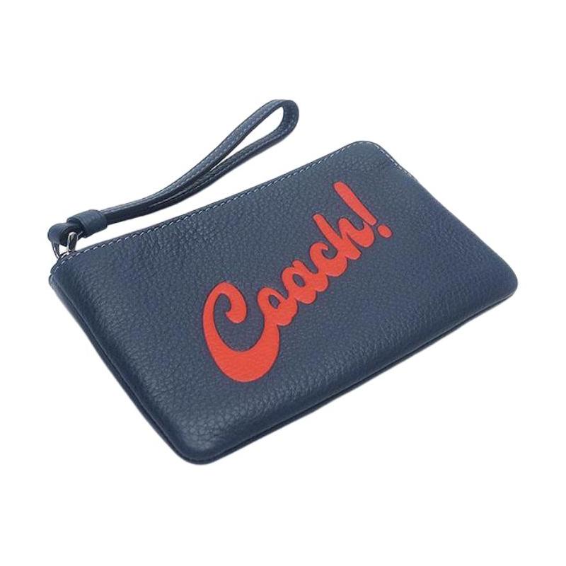 Coach Corner Zip 16 Letter Logo Graphic Top Zip Closure Refined Pebbled Leather Clutch Small Women's Silver Patch Denim