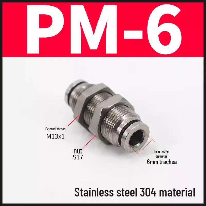 304 Stainless Steel Quick Push-In Pneumatic Tube Panel Mount Connector, External Thread, PM Sizes: 4, 6, 8, 10mm