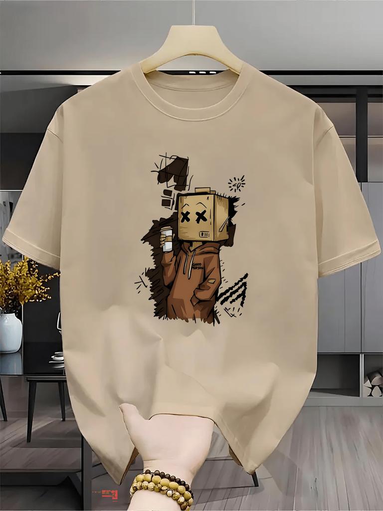 Summer Unisexs 100 pure cotton casual fashion cartoon cardboard box print loose sports round neck short sleeved Tshirt
