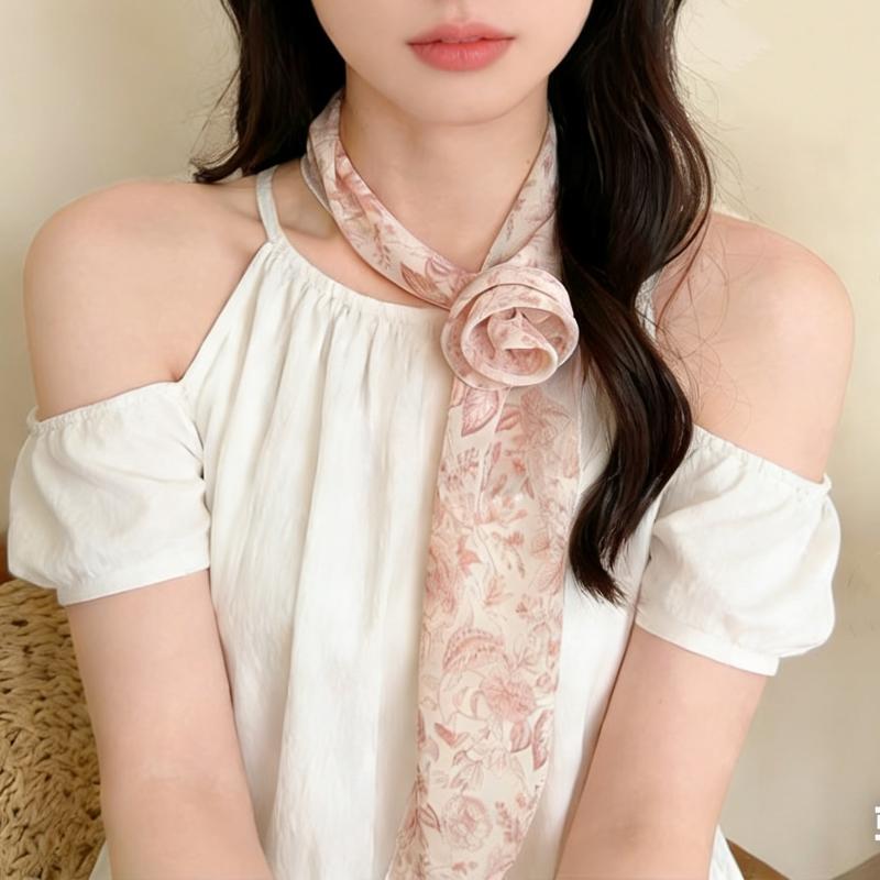 Floral Chiffon Scarf With Rose Decor Sweet Neck Scarf For Women Casual Dress Shirt Accessory