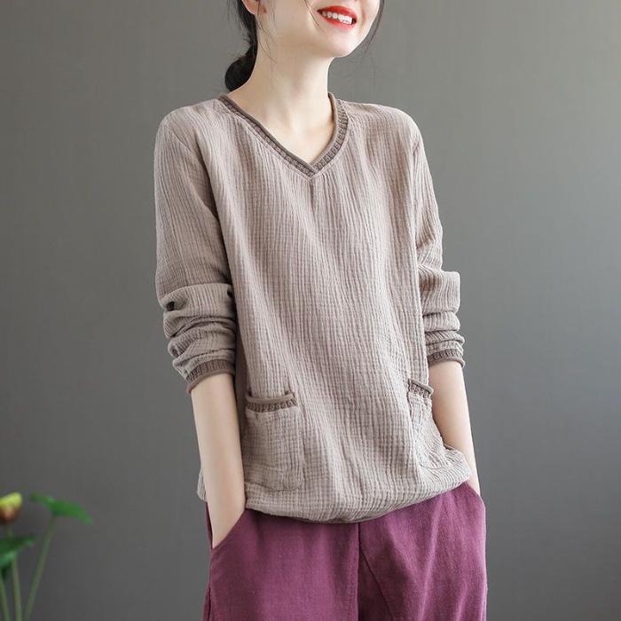 Frühling Herbst Übergröße Künstlerisch Vintage Floral V-Ausschnitt Langarm Leinen Locker Vielseitiger Pullover Top