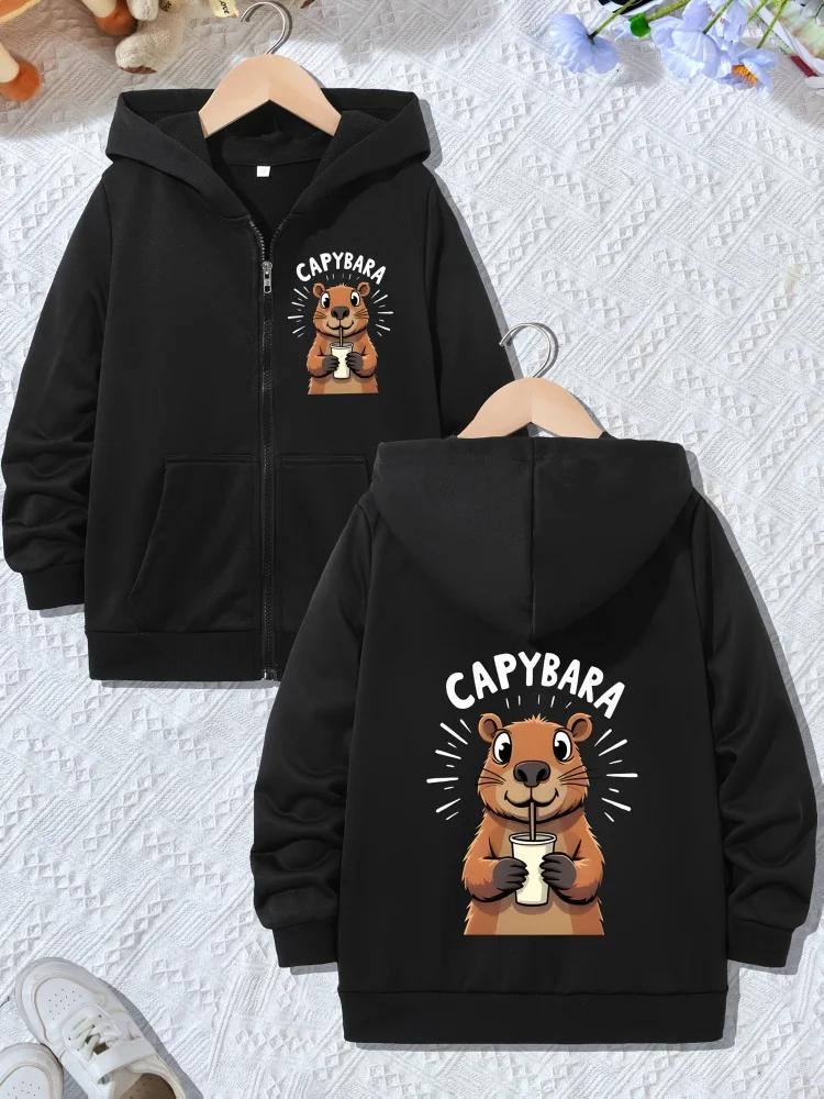 Children Full Zip Hooded Sweatshirt Cartoon Capybara And Capybara Letter Slogan Loose Daily Outerwear With Front Pocket