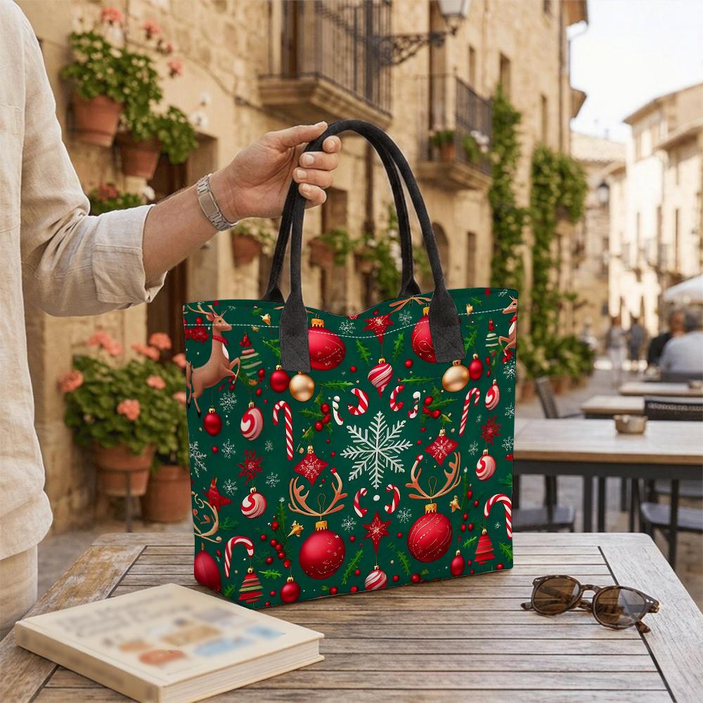 Christmas Printed Tote Bag Reusable Festive Handbag Large Capacity Grocery Bag for Holiday