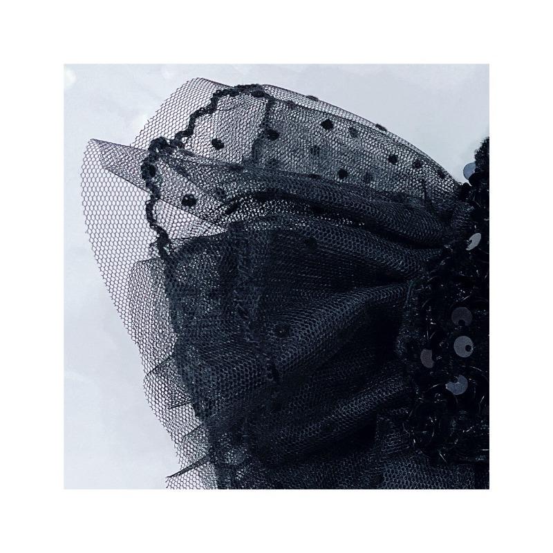 Black Red Gothic Pet Halter Dress Shiny Sequins Bling Crystal Brooch Double Bows Lace Ruffle Mesh Princess Sundress Pet Clothes