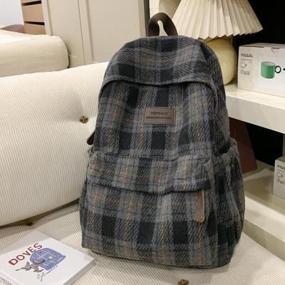 Sac d'école étudiant à carreaux en laine Sac à dos de voyage grande capacité