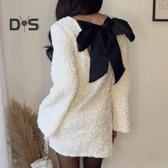 Damen Paillettenkleid mit großer Schleife und langen Ärmeln, A-Linie, lockerer Pullover, knielang, Cocktailparty, Club, Minikleid