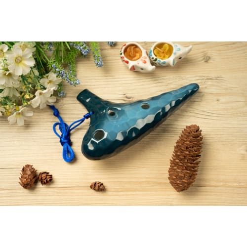 TNG Ocarina, Alto/C/AC, 12-Hole, Emerald, Premium Quality, Glazed Finish with Ocean Wave Pattern (Blue), Strap Included