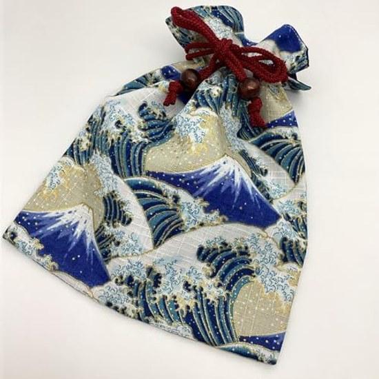 Kyo-Suke Made Japan Drawstring Bag Pouch Approximately 24.519cm Cotton Wooden Beads Kanran Ura Fuji Mountain Beige Japanese Pattern
