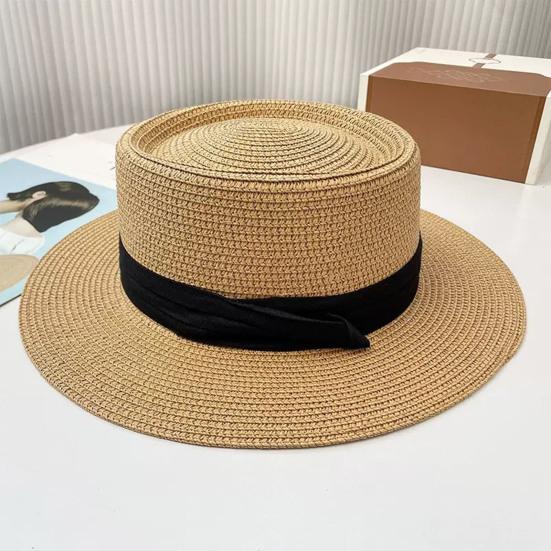 Flat Straw Hat Natural Straw Weaving Wide Brim Sun Hat Summer Beach Sun Protection Hat with Ribbon Bow