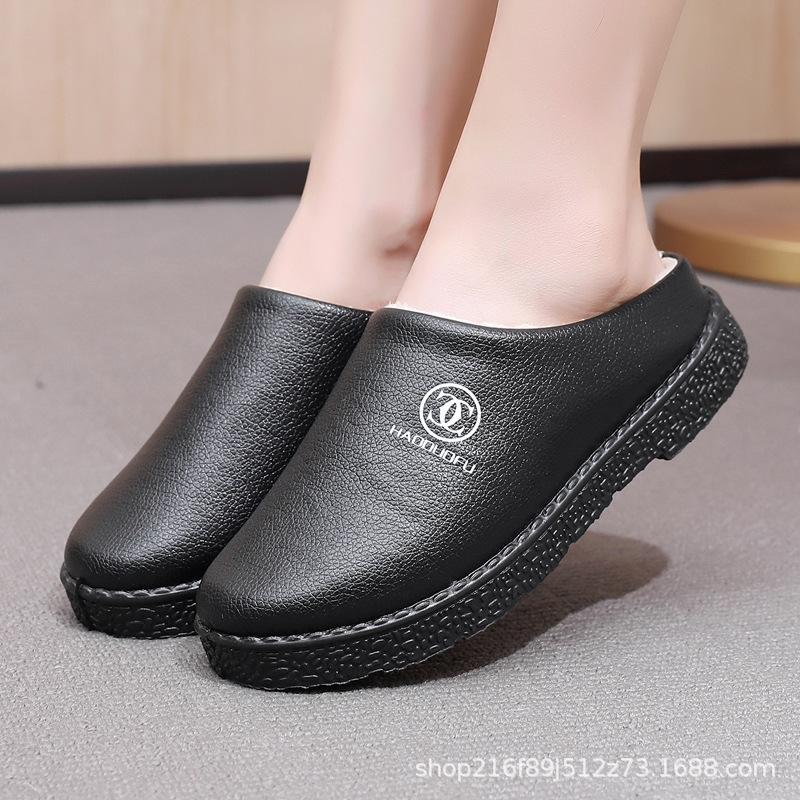 Waterproof cotton slippers winter home thick bottom non-slip cotton slippers indoor warm cotton mop new leather surface