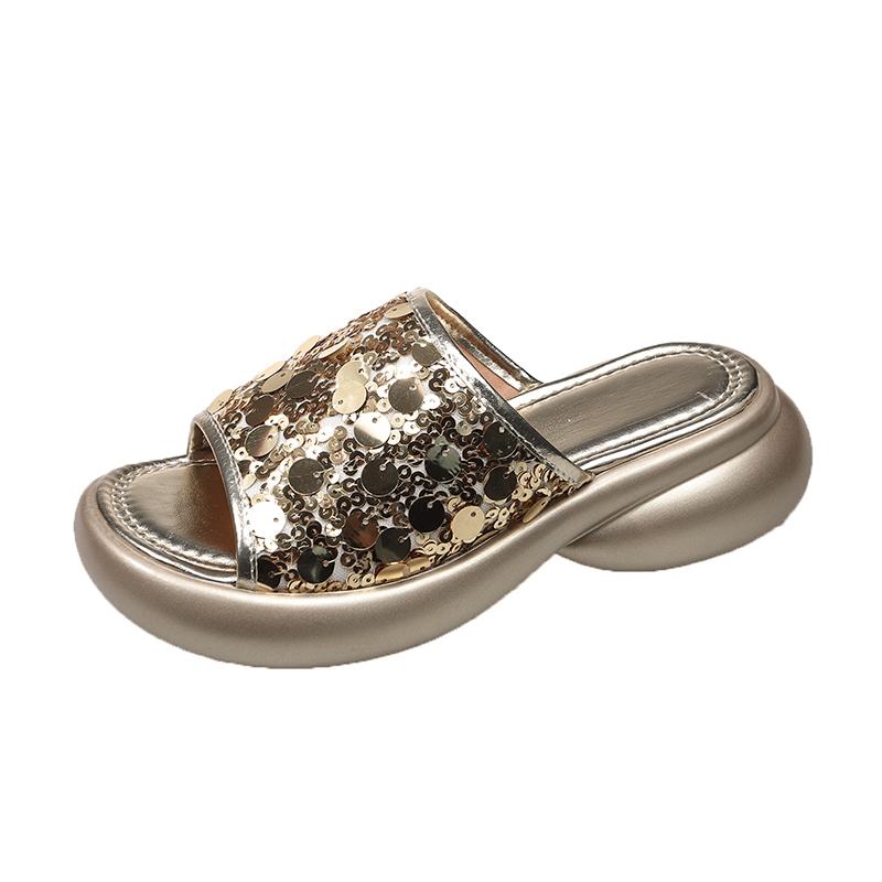 Soft Sole Boost Platform Slippers Summer Fashion Outer Wear Round Toe Open Toe Sequin Platform Slip Sandals