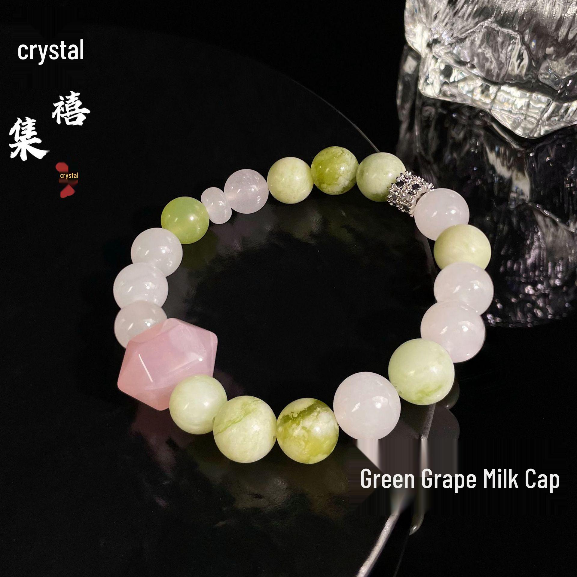 Jingxi Natural Green Grape & Jelly Pink Crystal Bracelet with Xiuyan Jade