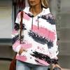 Women Plus Size Beige Pink Printed Long Sleeve Drawstring Hoodie Kangaroo Pocket Sweatshirt