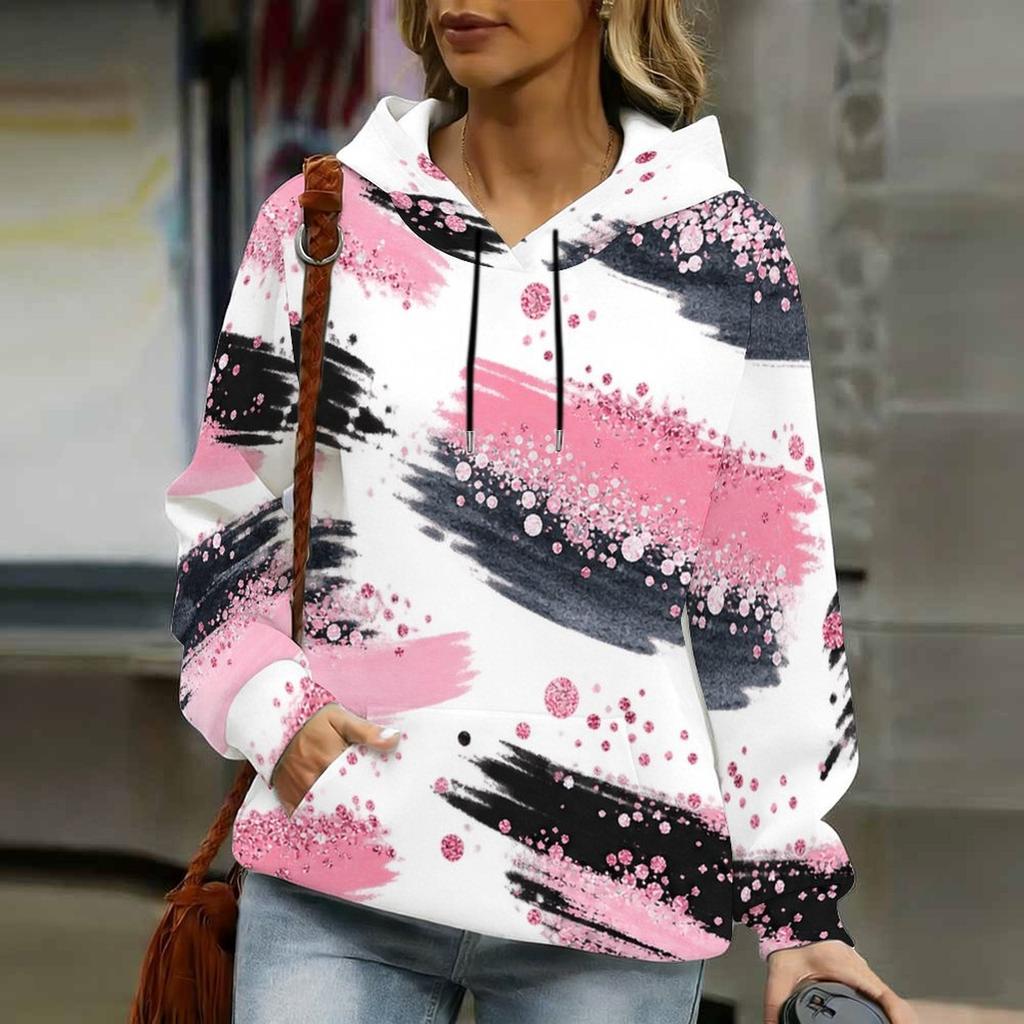 Women Plus Size Beige Pink Printed Long Sleeve Drawstring Hoodie Kangaroo Pocket Sweatshirt