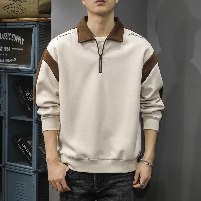 

Американский модный бренд контрастного цвета, сшитый наполовину, с застежкой-молнией, мужской свободный свитер большого размера, повседневный, грубый, красивый, спортивная куртка с лацканами 4XL абрикосовый