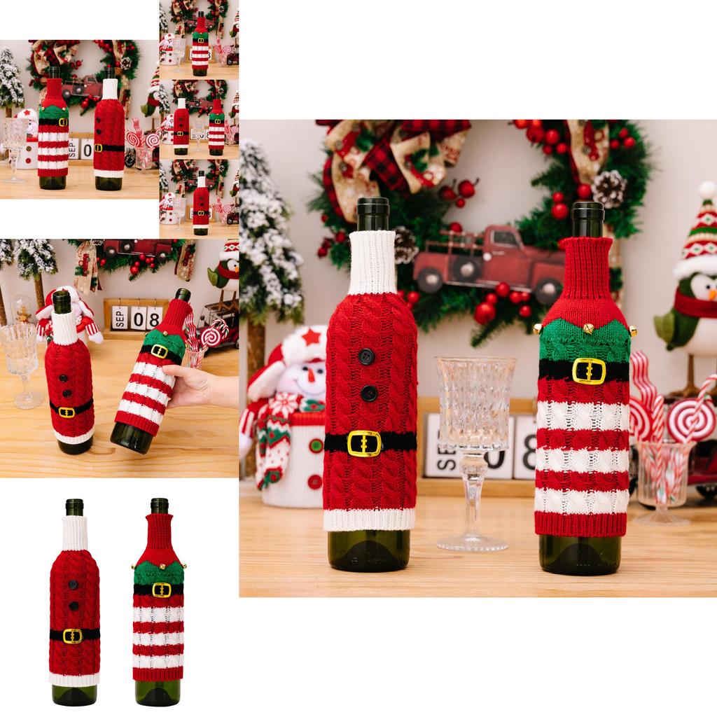 Cozy Knit Red Wine Bottle Sleeve With Striped Elf Design For Christmas Celebration
