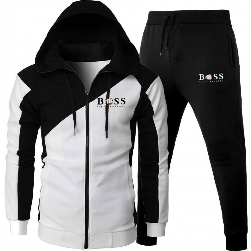 Mens Hooded Sportswear Set Long Sleeve Top Pants Casual Tracksuit Fall Lightweight Warm Cotton Blend