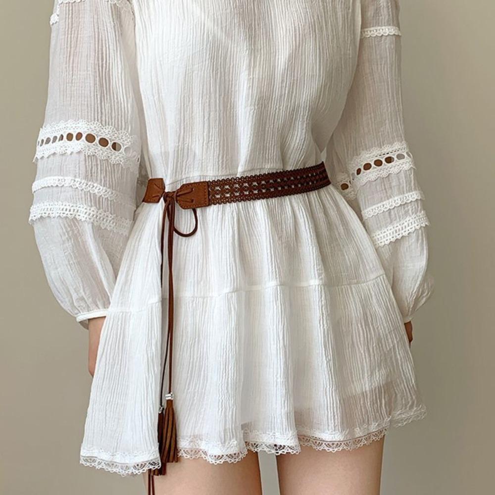 

Hemp Rope Knotted Long Tassel Braided Belt Woven Dress Shirt Girdle Retro Waistband For Women Lady кавовий