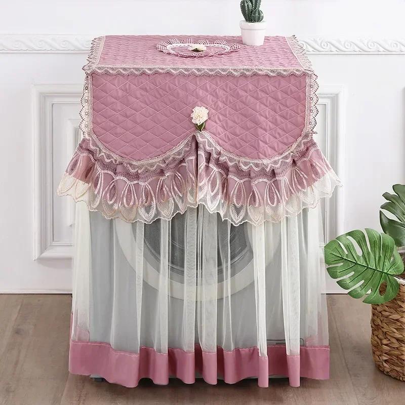 Washing Machine Cover Universal Washing Machine Cover with Roller and Wave Wheel Upflip Washing Machine Dustproof Lace Cover