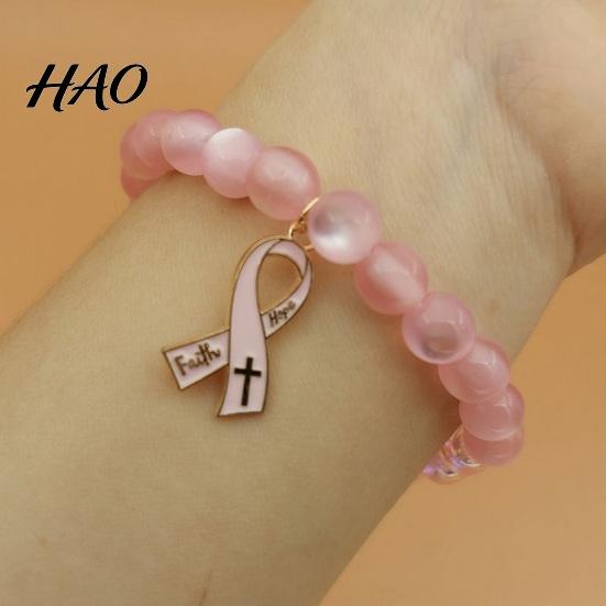 Inspirational Hope Engraved Jewelry Breast Cancer Awareness Bracelets for Women, Ribbon Women Charity Event Souvenir Charm Beaded Elastic Bracelet,